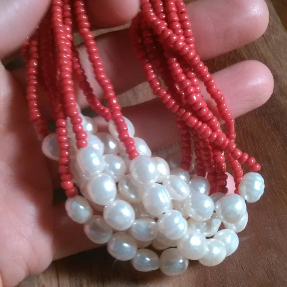 Red Seed Bead and Faux Pearl Multi-Strand Stretch Bracelet